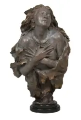 Bronze sculpture of a woman with eyes closed, hands crossed over her chest, flowing hair, mounted on a black pedestal base.
