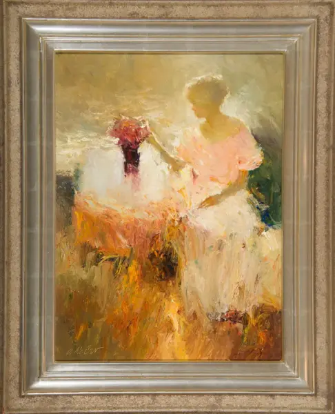 Impressionist painting of a woman in a pale pink dress holding a red bouquet in a warm, abstract landscape.