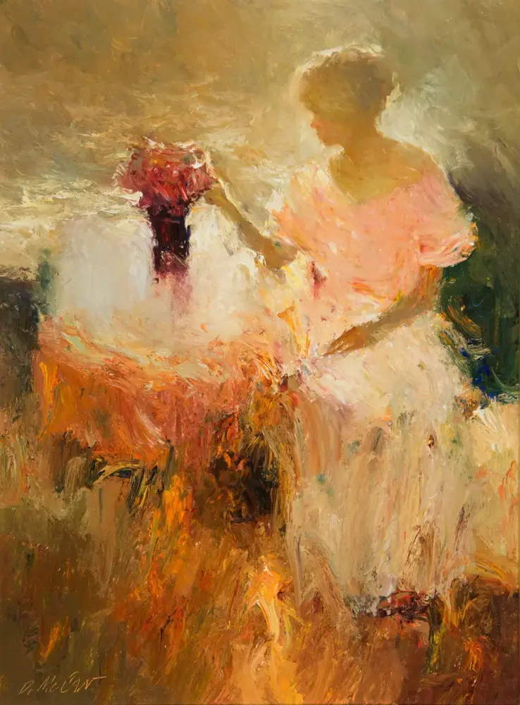 Impressionist painting of a woman in a pink dress with a red bouquet in a warm, abstract landscape.