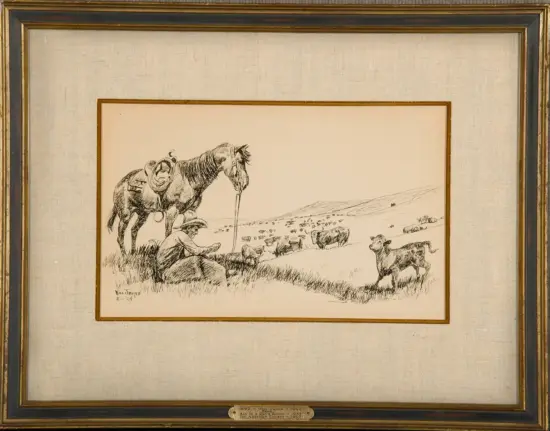 Ink drawing of a cowboy resting by two saddled horses as a herd of cattle roams the rolling prairie behind him.