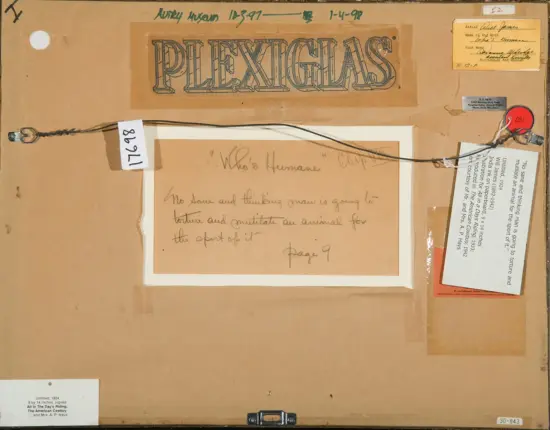 Back of a framed piece showing a large PLEXIGLAS label, a hanging wire, and assorted tags and notes on the backing panel.