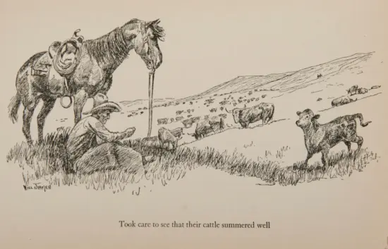 Ink sketch of a cowboy kneeling beside a saddled horse, rope in hand, as a herd of cattle grazes on rolling hills. Caption below reads: “Took care to see that their cattle summered well.”