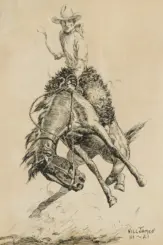 Cowboy in a wide-brim hat rides a bucking bronco, lasso in hand, mid-air action sketch.