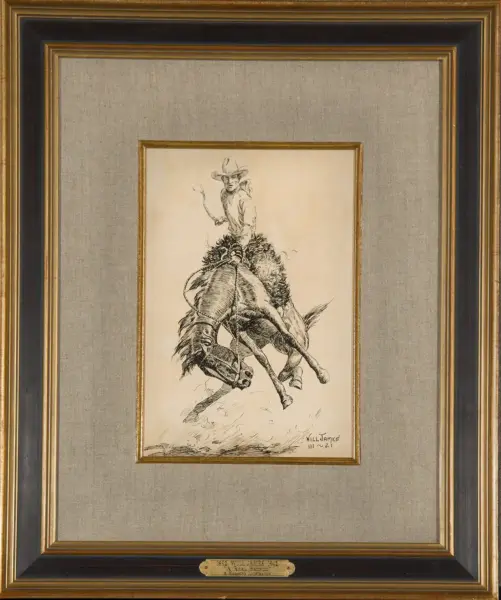Ink drawing of a cowboy riding a bucking horse, hat on, rope in hand, framed in a gold-bordered mat.