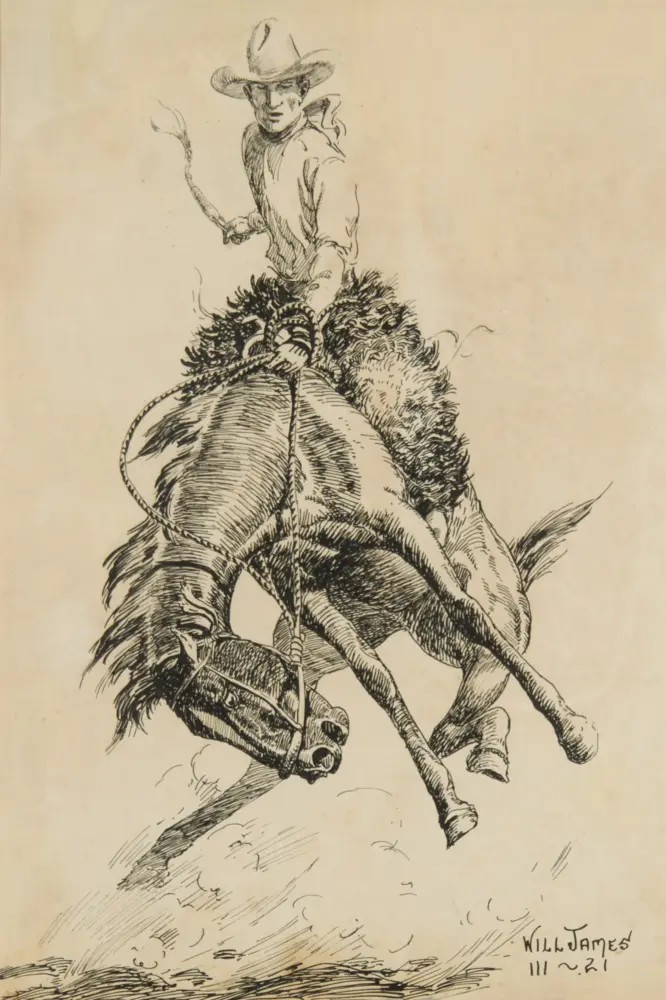 Cowboy in a wide-brim hat rides a bucking bronco, lasso in hand, mid-air action sketch.