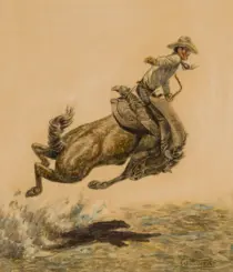 Cowboy wearing a wide-brimmed hat rides a bucking horse over rough sea waves, with a pale sky in the background.