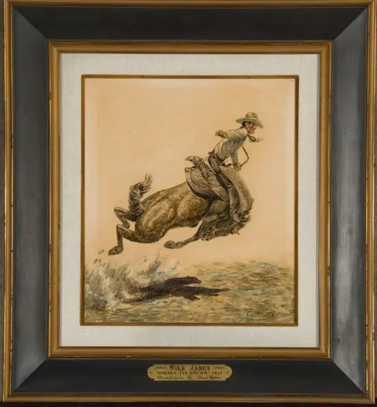 Framed illustration of a cowboy in a hat riding a bucking horse leaping over shallow water, signed Will James on the bottom edge plaque.