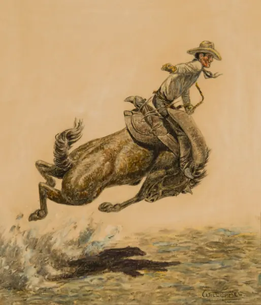 Cowboy wearing a wide-brimmed hat rides a bucking horse over rough sea waves, with a pale sky in the background.