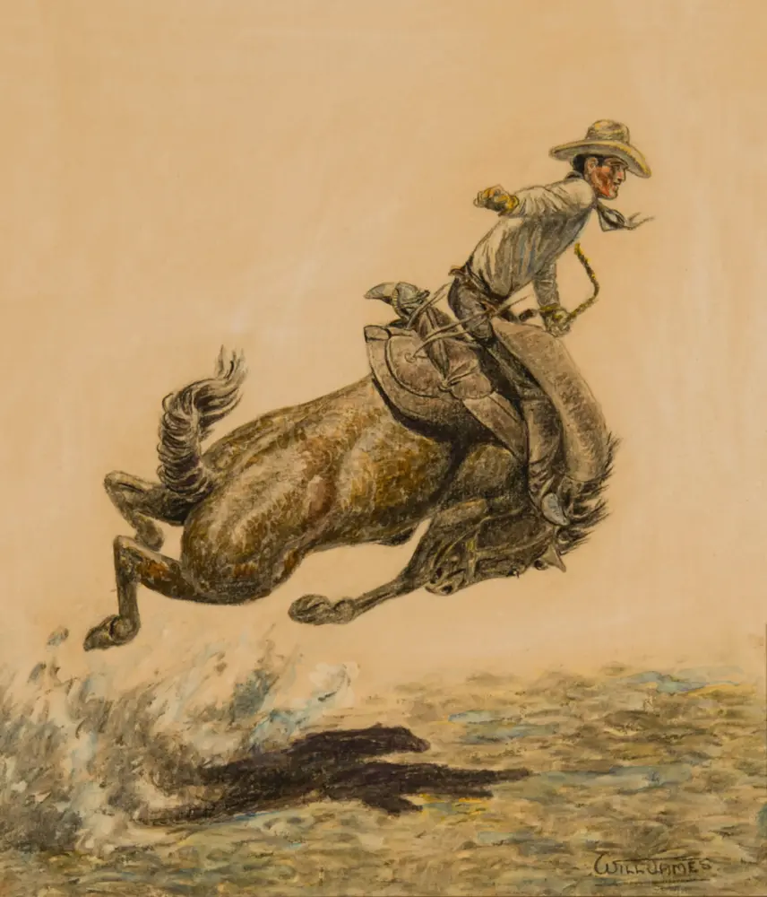Cowboy wearing a wide-brimmed hat rides a bucking horse over rough sea waves, with a pale sky in the background.