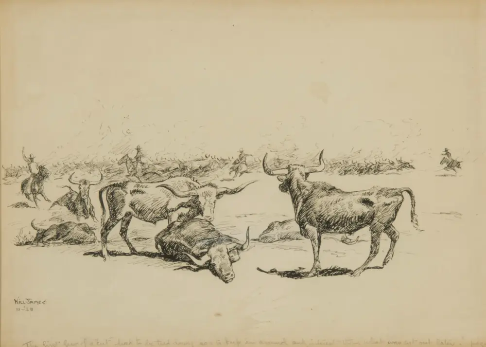 Vintage ink sketch of bulls running across a dusty plain with a few men in hats at the left foreground.