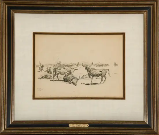 Ink sketch of several bulls in a barren landscape, including a resting bull, with distant figures in the background, framed in an ornate border.