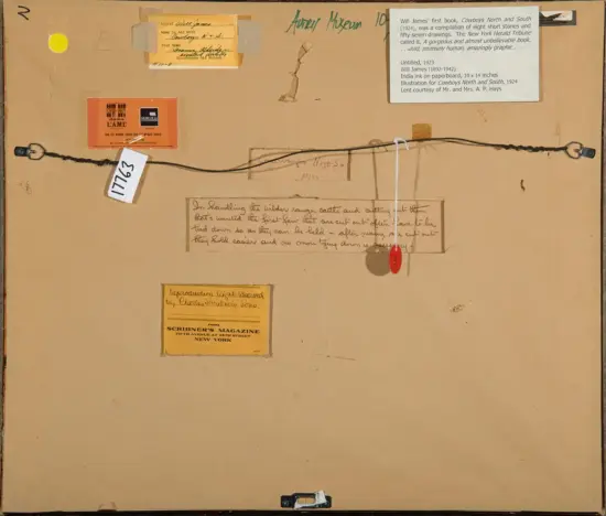 Back of a framed artwork showing a hanging wire across the middle, with several taped labels and notes (yellow, orange cards) and a small red tag attached.