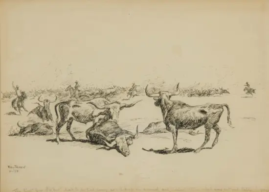 Vintage ink sketch of bulls running across a dusty plain with a few men in hats at the left foreground.