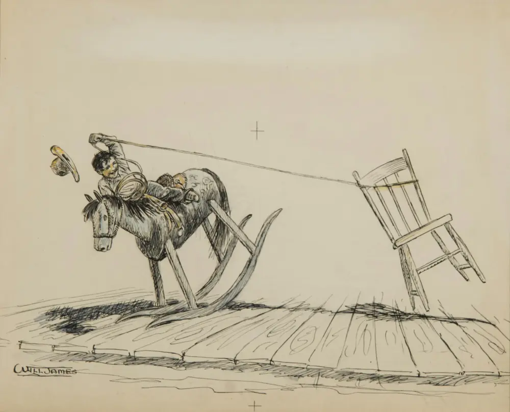 Ink sketch of a cowboy atop a bucking horse beside a toppled wagon and scattered wagon parts, signed Will James.