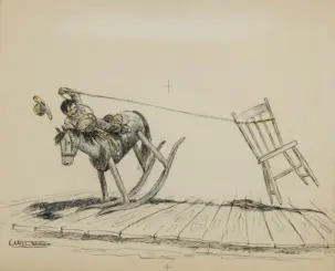 Ink sketch of a cowboy atop a bucking horse beside a toppled wagon and scattered wagon parts, signed Will James.