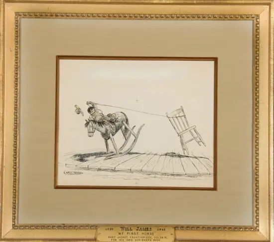 Sketch of a boy riding a rocking horse while being pulled toward a toppled chair on a wooden floor, in a framed artwork