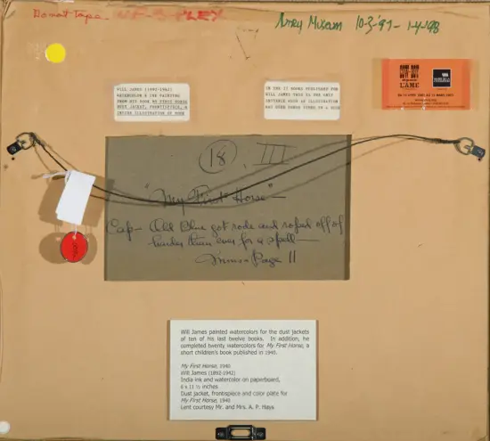 Back of a framed artwork with handwritten notes, tags attached by cords, and an orange museum label on the top right; central gray card with cursive writing; a white caption card at the bottom describes Will James's painted watercolors and related works.