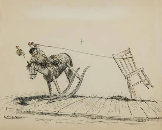 Ink sketch of a cowboy atop a bucking horse beside a toppled wagon and scattered wagon parts, signed Will James.