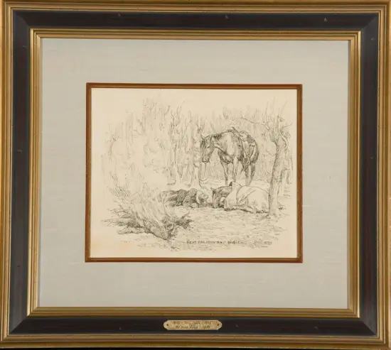 Framed sketch of a horse standing beside two resting men in a forest, titled 'Rest for Man and Beast'.