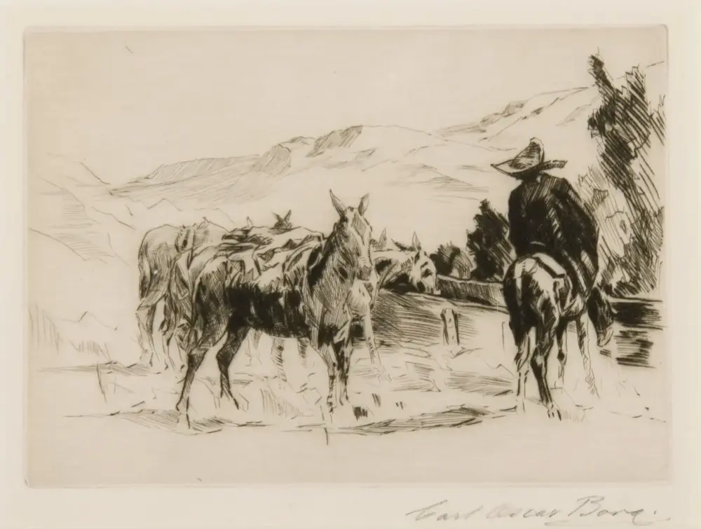 Ink sketch of a cowboy on a horse with several horses in a mountainous landscape.