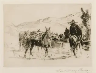 Ink sketch of a cowboy on a horse with several horses in a mountainous landscape.