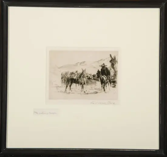 Framed black frame containing a small ink sketch of a rider with two horses in a hilly landscape, signature bottom right.