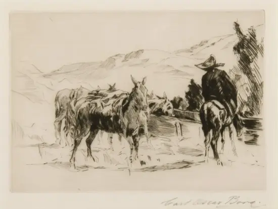Ink sketch of a cowboy on a horse with several horses in a mountainous landscape.