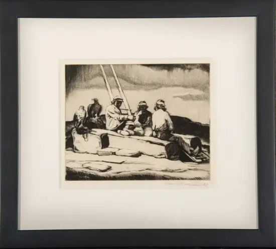Black-and-white etching of a group of men seated on a wooden deck with a ladder, a bird nearby, and distant hills in the background on a rocky shore (framed artwork).
