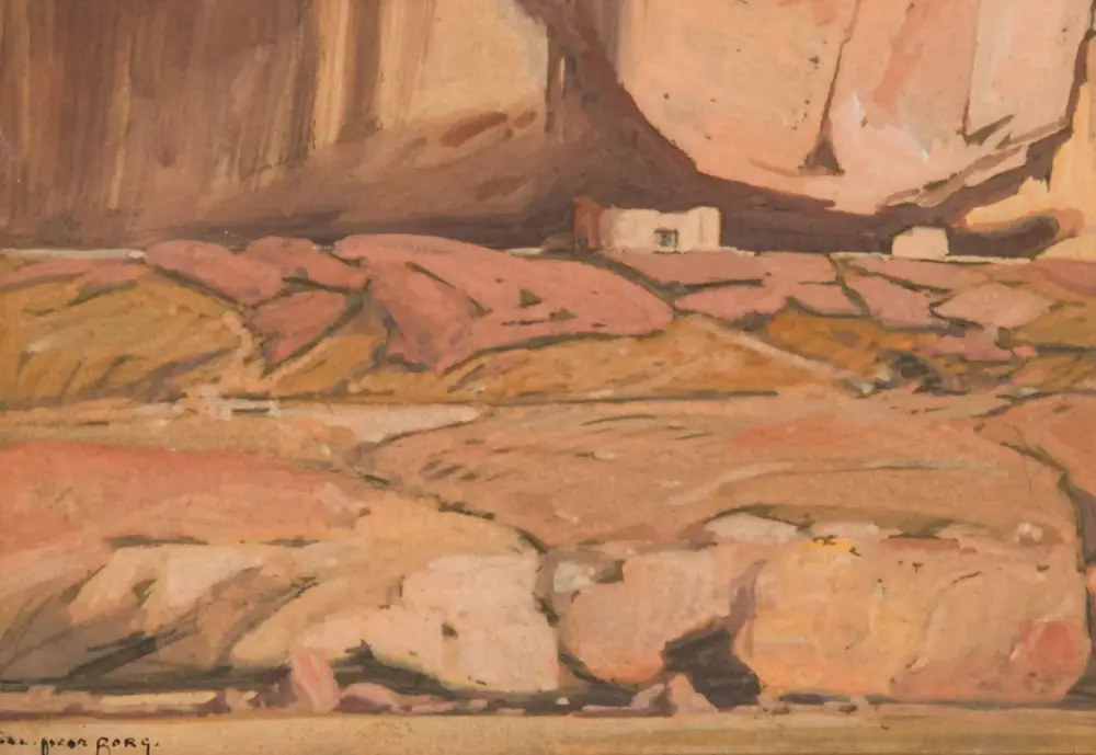 Impressionistic desert landscape painting with pink and ochre rock formations and a small white building at the base of a canyon.