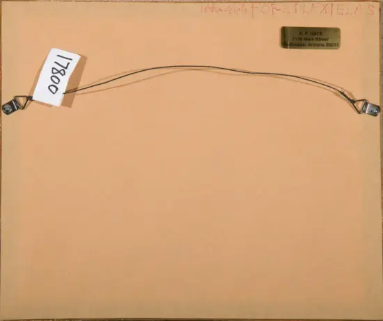 Back of a framed piece with a two-hook hanging wire and metal brackets on each side; tag reading '178004' attached to the wire on the left and a small label with address on the right side.
