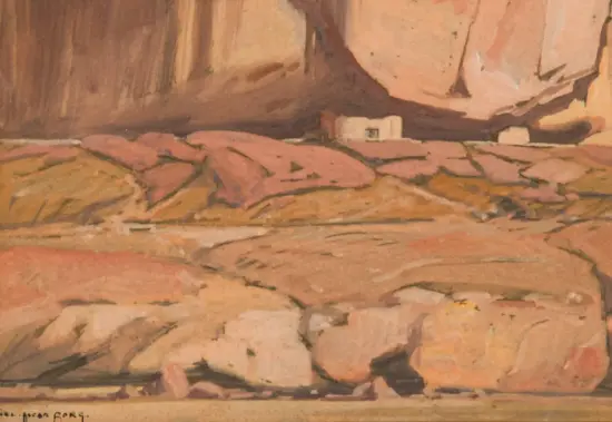 Impressionistic desert landscape painting with pink and ochre rock formations and a small white building at the base of a canyon.