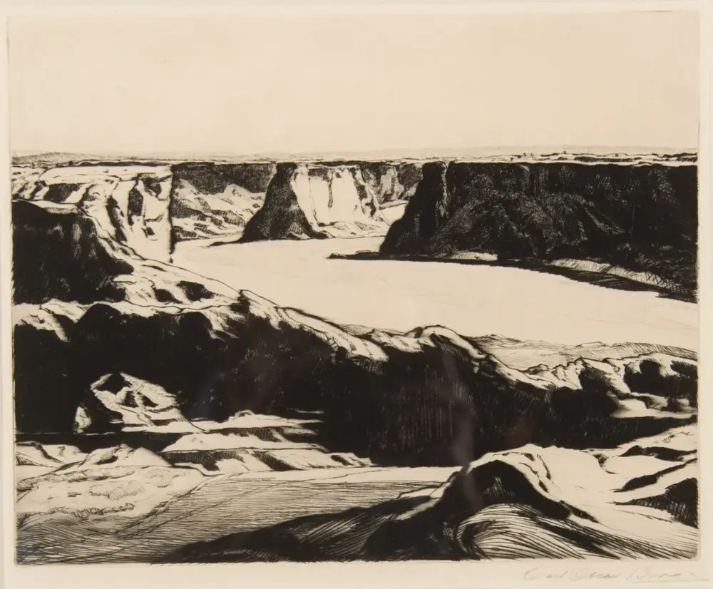 Ink etching of a rugged canyon with dark rock formations surrounding a wide, calm river inlet between cliffs.