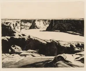 Ink etching of a rugged canyon with dark rock formations surrounding a wide, calm river inlet between cliffs.