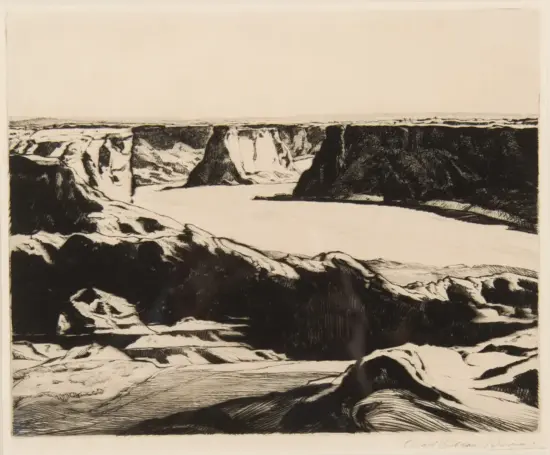 Ink etching of a rugged canyon with dark rock formations surrounding a wide, calm river inlet between cliffs.
