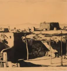 Charcoal sketch of a Southwest pueblo: flat-roofed adobe houses, a large fortress-like building, and distant mountains.