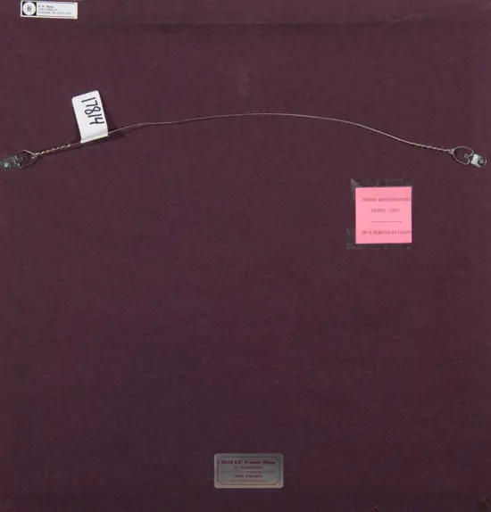 Back of a framed piece with a copper wire stretched between two metal eye hooks and labeled tags on a burgundy background.