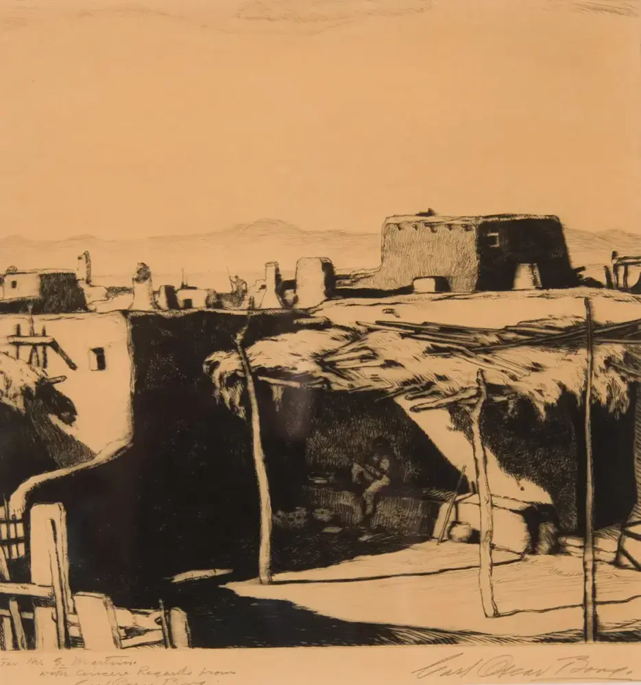 Charcoal sketch of a Southwest pueblo: flat-roofed adobe houses, a large fortress-like building, and distant mountains.