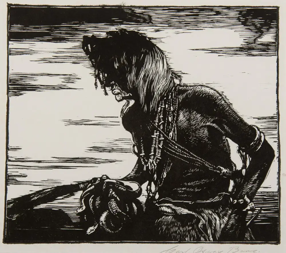 Woodcut-style illustration of a person with long hair and a beaded necklace, crouching and looking down.