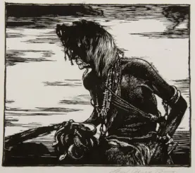 Woodcut-style illustration of a person with long hair and a beaded necklace, crouching and looking down.