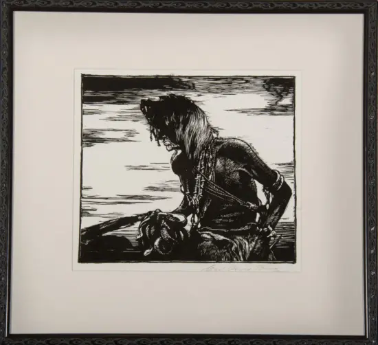 Framed black-and-white woodcut of a bowed figure seated on a shore, bound with rope, facing left.
