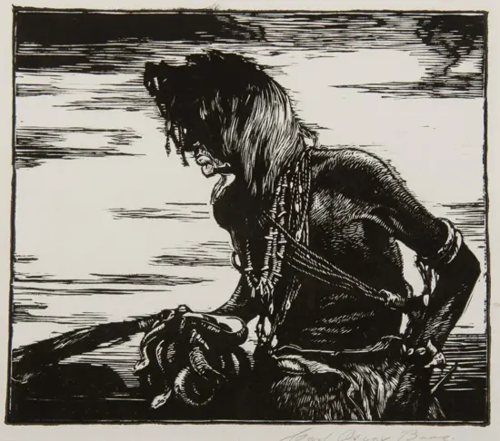 Woodcut-style illustration of a person with long hair and a beaded necklace, crouching and looking down.