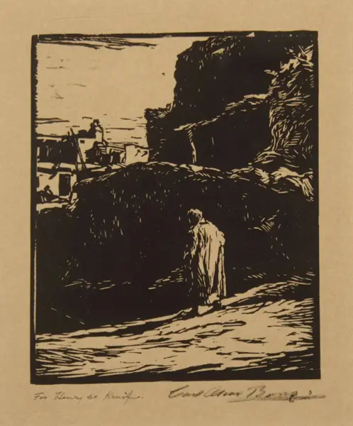 A lone figure in a cloak stands on a rocky path by the sea, with a dark cliff and distant harbor in the background.