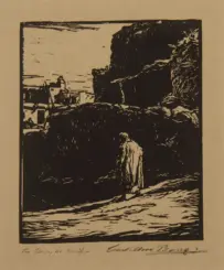 Solitary figure walking along a rocky coastline with cliffs and a distant harbor.