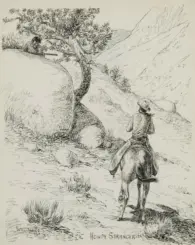 Cowboy on a horse crouches behind brush, rifle angled forward in a rugged hillside scene (sketch).