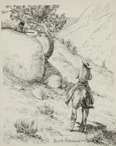 Cowboy on a horse crouches behind brush, rifle angled forward in a rugged hillside scene (sketch).