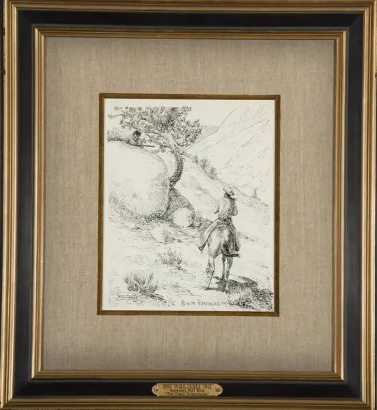Ink sketch of a cowboy on horseback approaching a man hiding behind rocks in a canyon, titled 'Howdy Stranger'.