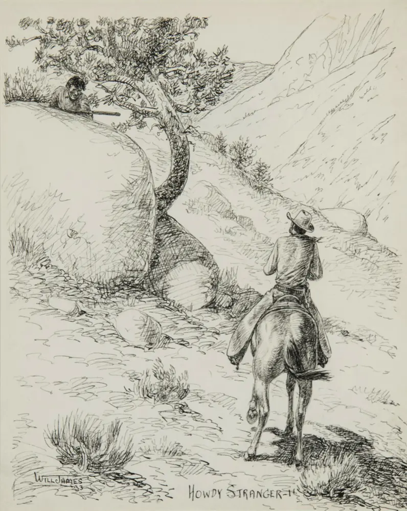 Cowboy on a horse crouches behind brush, rifle angled forward in a rugged hillside scene (sketch).