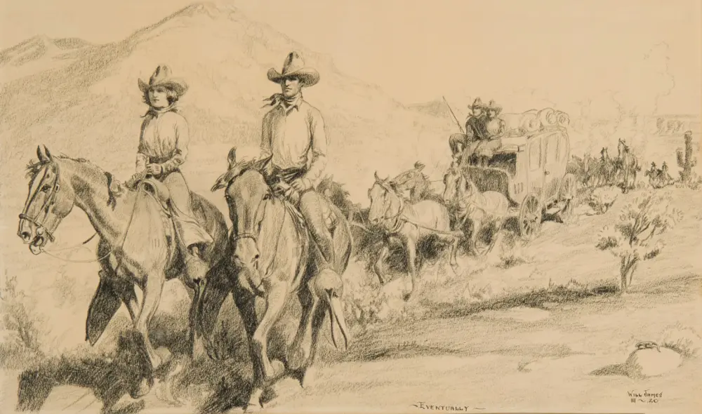 Western frontier scene with two riders on foreground horses leading a marching convoy and a wagon train in the distance across a rugged landscape