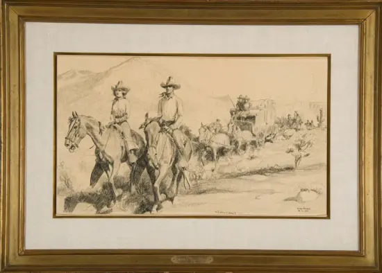 Pencil sketch of two cowboys on horseback leading a wagon train across a dusty desert landscape with mountains in the background to the left and a line of wagons following behind.
