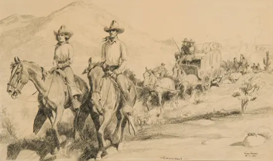 Western frontier scene with two riders on foreground horses leading a marching convoy and a wagon train in the distance across a rugged landscape